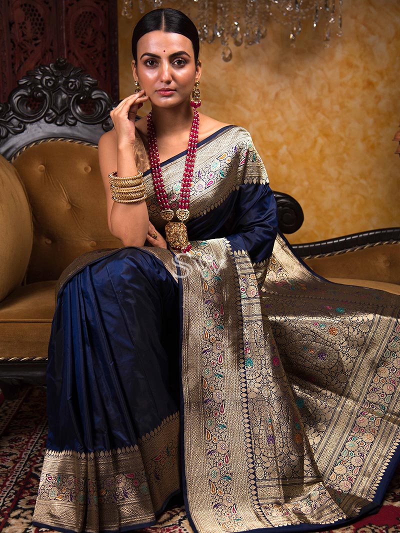 Blue Meenakari Katan Silk Handloom Banarasi Saree